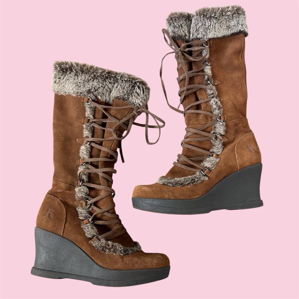 Y2K Bratzcore Report brown suede wedge boots with faux fur trim